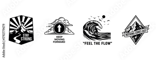 Motivational badges with symbols: mountains, arrows, waves, banners