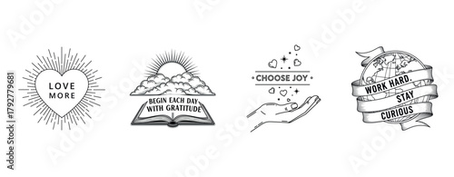 Inspirational motivational art with positive quotes and symbols in black and white