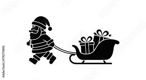 Black and white silhouette of Santa Claus pulling a sleigh full of gifts.