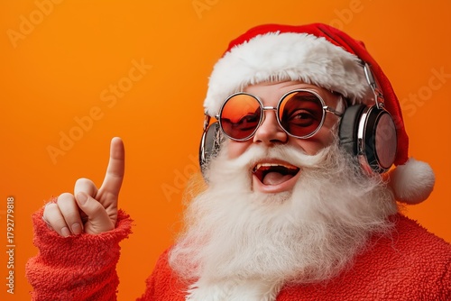 Santa Claus with Headphones and Sunglasses, Making a Finger Gesture, on an Orange Background
