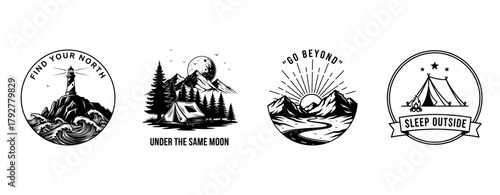 Adventure badges: lighthouse, camping, mountain landscape, tent design