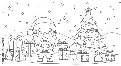A detailed black and white illustration of Santa Claus holding a gift surrounded by presents and a Christmas tree.