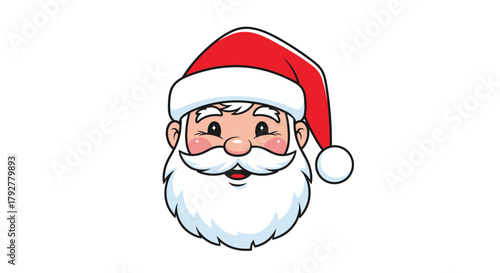 Cheerful cartoon illustration of Santa Claus's head with a big white beard and a red hat.