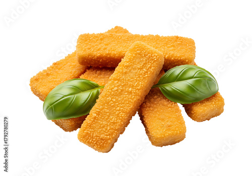 Pile of golden breaded fish fingers with fresh green basil leaves isolated on transparent background