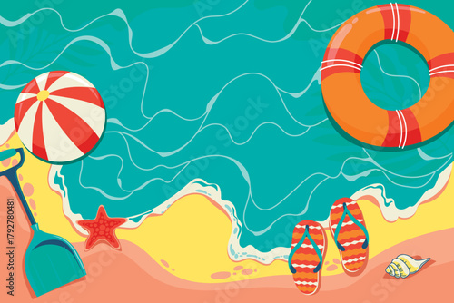 Summer Beach Scene with Ocean Waves Sandy Coastline Colorful Float Flip Flops Seaside Recreation Vacation Holiday Background Relaxation Sunny Travel Destination Vector Illustration