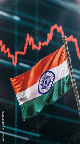 Indian Flag Waving in Front of a Stock Market Graph Showing Trends
