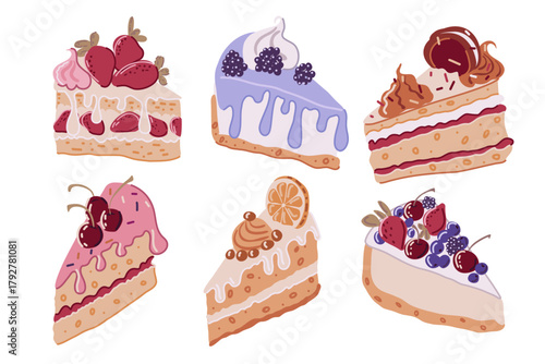 Flat vector set of six delicious cake slices with fruits, cream and diverse layers. Perfect for bakery branding, menu design or food packaging.