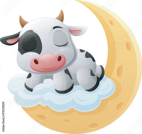 Cute cow cartoon sleeping on the moon