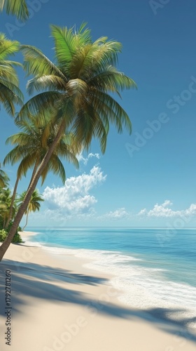 Beautiful Tropical Beach With Palm Trees and Clear Blue Water Under Sunny Skies.