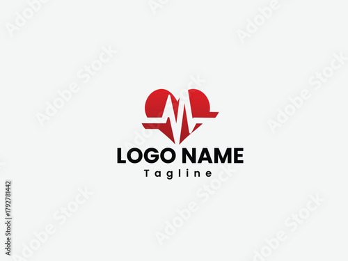 Heathcare logo design vector with love and heartbeat in an isolated white background. Creative heartbeat logo design template. Heartbeat wave minimal hospital logo design with Red gradient color.
