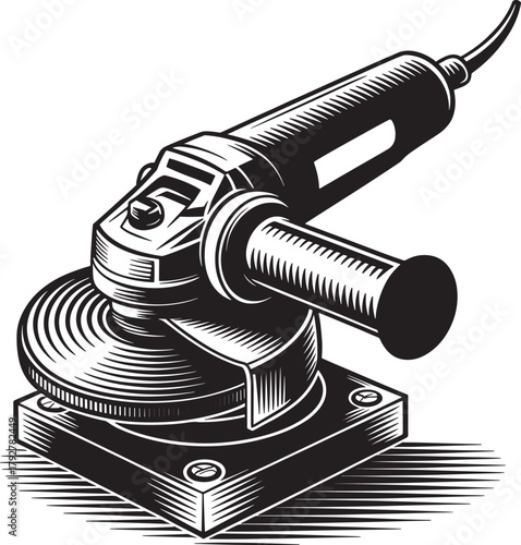 Detailed black and white illustration of a hand held angle grinder