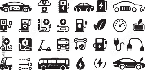 Electric Vehicle and EV Charging Station Icon Set Vector