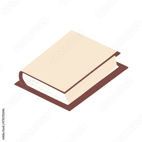 Isometric illustration of a closed book with a beige cover and brown edges, viewed from an angle.