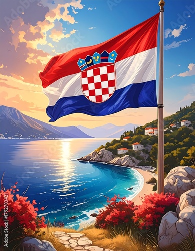 Fototapeta Naklejka Na Ścianę i Meble -  Croatian Flag Waving Proudly Overlooking the Adriatic Coastline at Sunset.