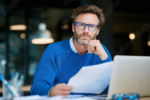 Business Professional Focuses on Documents in Modern Office Workspace With La...