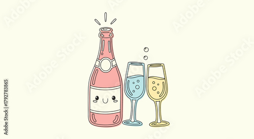 Celebration Toast Featuring Smiling Champagne Bottle And Flutes
