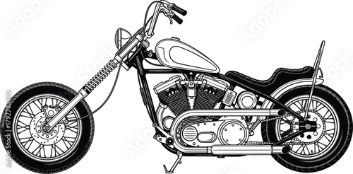 Vector Line Art Chopper Motorcycle, Detailed Custom Bobber Bike, Black and White Technical Drawing Illustration
