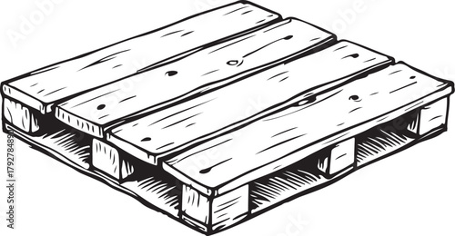 Pallets for Boxes Storage in Warehouse, Trade Import Export Hand-drawn Sketch Drawing Vector Illustration, Line Linear Symbol Engraving Coloring Book, Black and White Isolated