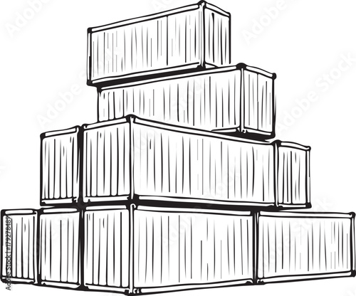 Shipping Containers in Port, Cargo Trade Import Export Hand-drawn Sketch Drawing Vector Illustration, Line Linear Symbol Engraving Coloring Book, Black and White Isolated