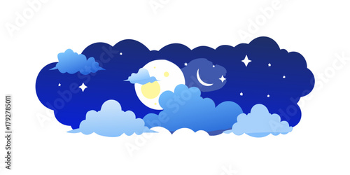 Beautiful magic blue night sky with clouds and fullmoon and stars.
