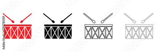 drum and drumsticks vector icon set, musical instrument drum vector, silhouette and line art