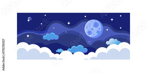 Beautiful magic blue night sky with clouds and fullmoon and stars.
