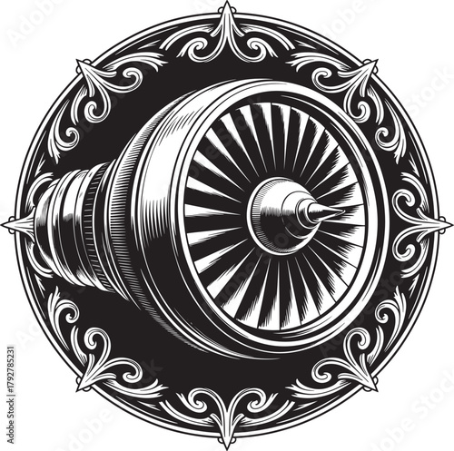 Detailed Vector Illustration of a Jet Engine in Decorative Frame Design