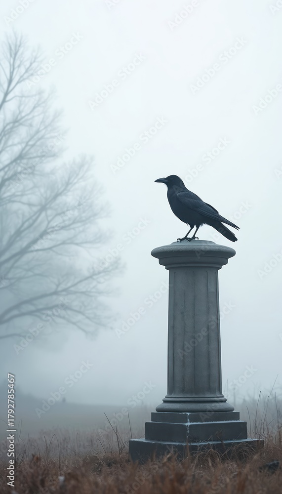 Fototapeta premium A lone black crow perches on a stone column amidst a dense, foggy winter landscape. Bare tree branches loom in the background, creating an atmospheric and mysterious scene.