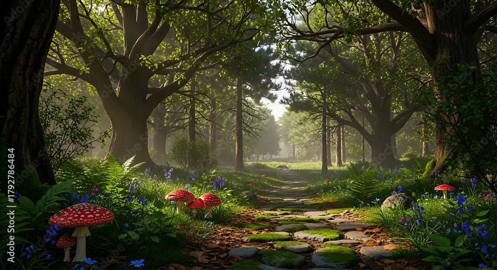 Obraz premium Lush woodland scene with a mysterious stone path, towering trees, and dramatic sun rays filtering through the canopy.