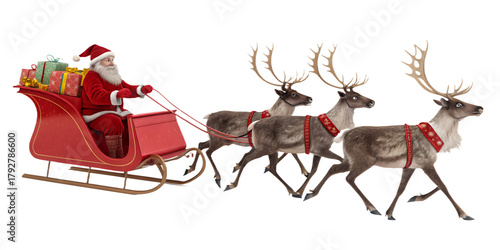 Santa Claus riding in a red sleigh pulled by four reindeer, isolated on transparent background. Traditional Christmas scene with Santa delivering gifts. Festive holiday concept with realistic 3D rende