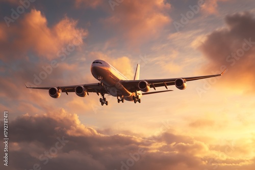 Airplane Flying Towards Sunset With Colorful Sky and Clouds During Evening Ti...