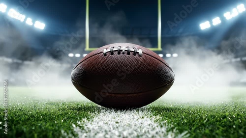 football rests on marked line at center of field. stadium floodlight glow above goalpost. smoke drifts across turf. stands shape distant rim. scene set for game start. fans await play. teams ready.