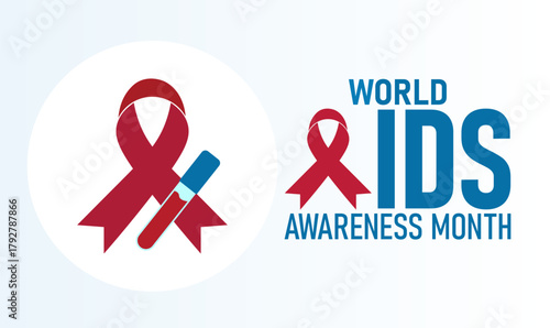 World AIDS Awareness Month Poster Banner and Background Abstract Design Template Featuring Red Ribbon and Medical Icon Illustration for HIV Education Health Awareness and Global Support Campaign