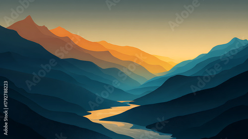 Serene mountain valley with winding river bathed in golden light landscape mountains