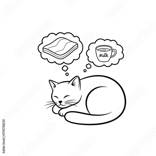 sleeping house cat curled up dreaming of bacon and milk sketch illustration for pet blogs, veterinary leaflets, animal rescue sites, cartoon storyboards, food advertisement and home comfort articles
