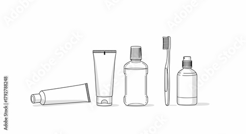 line drawing set of dental hygiene products including toothbrush, toothpaste tube and mouthwash bottle for health blogs, medical websites, preventative care leaflets and package design mockups