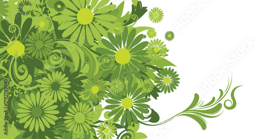 A vibrant cascade of green floral elements and decorative swirls creates a sense of natural beauty and organic growth.