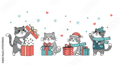 Cute cats celebrating winter holidays with gifts and snow.