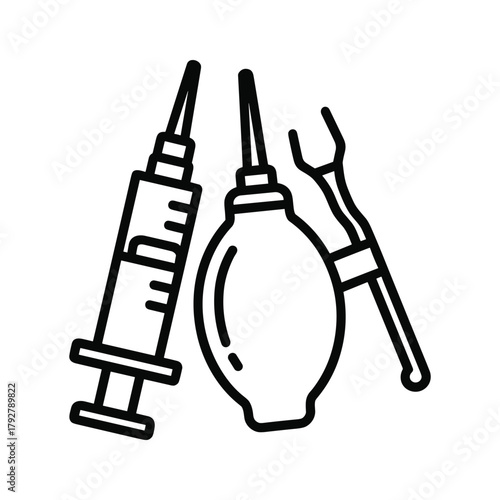 Medical tools including syringe, bulb syringe, and forceps