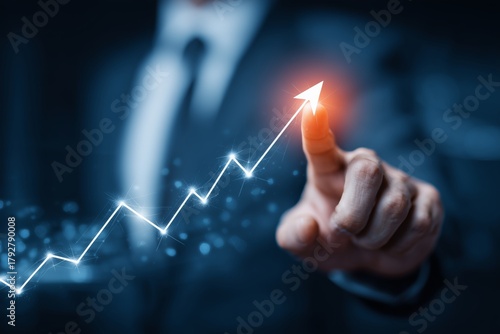 Business Growth Represented by Arrow and Finger Touch on Upward Trend at Night