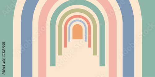 Psychedelic background with colorful arches in pastel retro tones. Groovy abstract frame design with curved lines for posters, wallpapers, prints, and modern decorative projects
