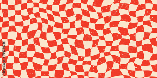 Psychedelic abstract wavy checkered background in red and beige. Groovy irregular checker pattern with vintage texture for retro prints, posters, packaging, and creative projects.