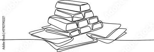 Stack of shiny gold bars on a cloth, one continuous line drawing. Wealth, investment, and finance concept