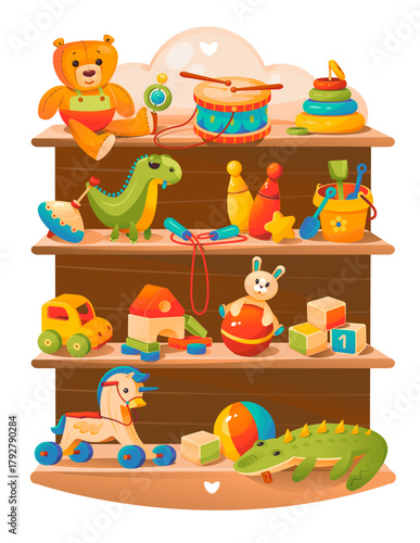 Wooden toy shelf filled with plush animals, building blocks, musical toys, cars, and games for children. Kids Toy Shelf vector illustration.