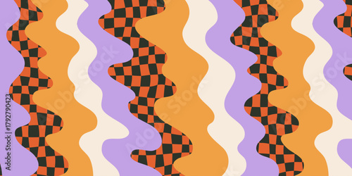 Abstract groovy checkered pattern with wavy distorted stripes in orange, lavender, and white. Groovy checker background with flowing retro shapes. Vector illustration.