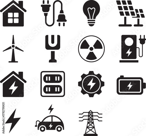 Energy sources and electrical power icons illustration collection in black and white