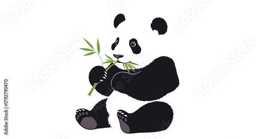 A cute cartoon panda enjoys eating a stalk of bamboo on a white background.