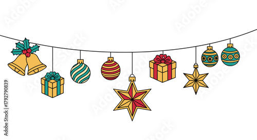 A festive and vibrant garland featuring various Christmas ornaments and decorations is suspended on a dotted string.