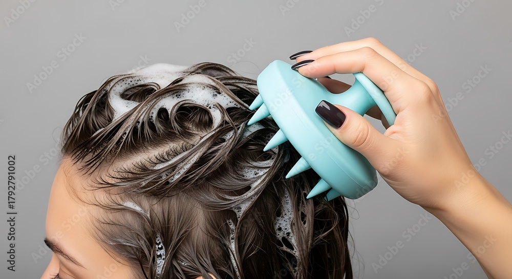 Naklejka premium Woman Washing Hair with Shampoo and Comb