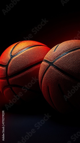 Two Basketballs Illuminated in Warm Light on a Dark Background During a Night...